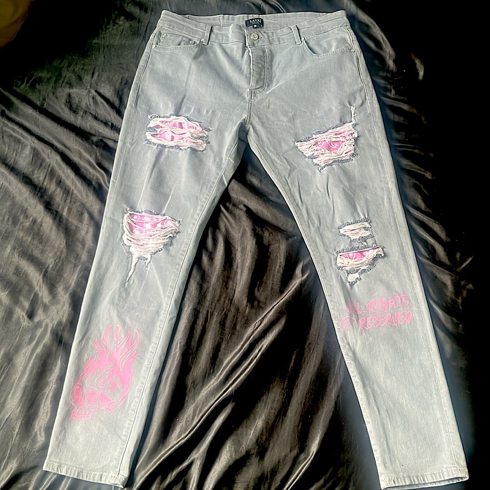 BOOHOO MAN Pink Bandana Ripped Jeans